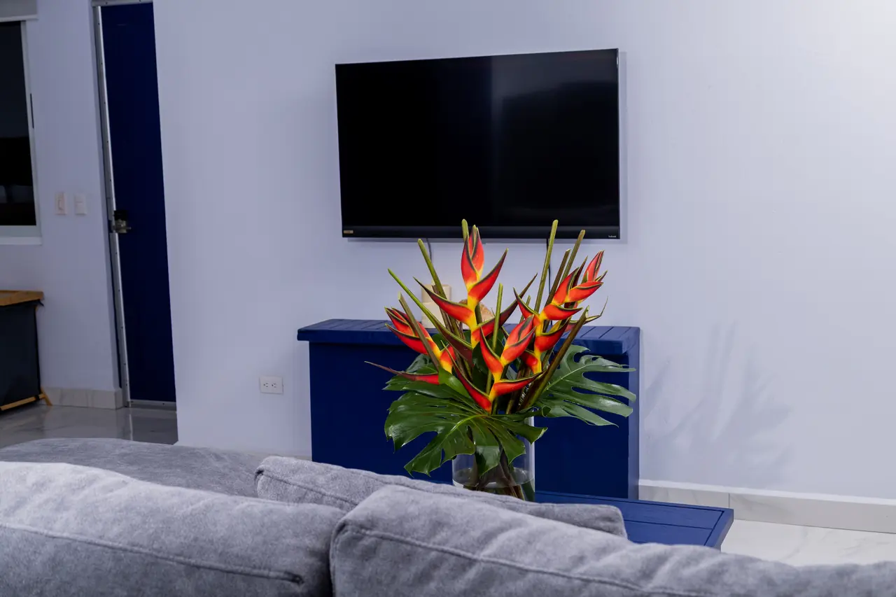 Living area with TV and flower arrangement